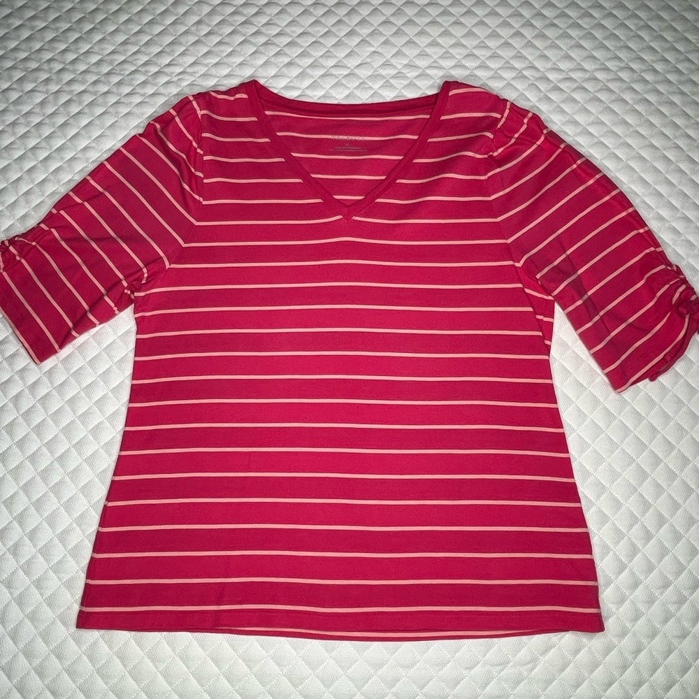 Talbots Cotton Pink Ruched Sleeve V Neck Tee